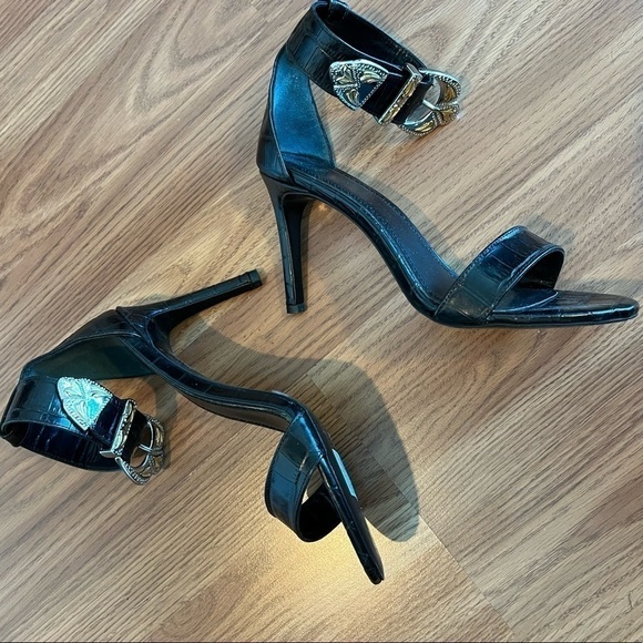 Maje Crocodile Embossed Buckle Heeled Sandals - Picture 3 of 13